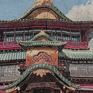 May include: A tapestry depicting a multi-tiered, ornate, red and gold pagoda with green tiled roofs. The pagoda is set against a blue sky with white clouds.