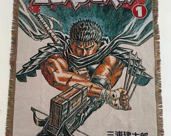 Berserk Guts Woven Blanket Tapestry - Handmade Black Swordsman Anime Throw - Dark Fantasy Manga Room Decor - Seinen Gothic Wall Art Gift