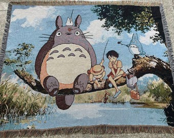 My Neighbor Totoro Woven Tapestry Blanket - Handmade Anime Throw - Forest Spirit & Susuwatari Wall Art - Cute Whimsical Room Decor