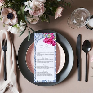 Blue Tiles Greece Menu bougainvillea Digital Invitation, Santorini Theme Wedding Menu, Italian tiles, Menu Printable, Portugal Azulejos,