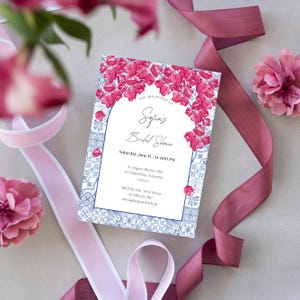 Bougainvillea Bridal Shower Invitation, Modern Elegant Wedding Invitation Template, Printable Wedding Invite, Santorini Blue Tiles