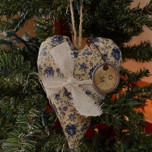 Primitive Farmhouse Blue Calico Heart Ornament