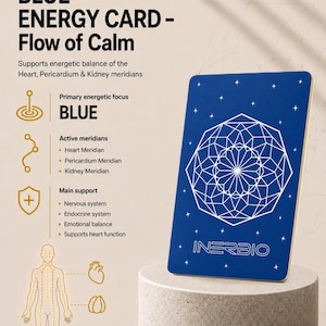 May include: A rectangular blue energy card featuring a white geometric mandala pattern and the text INERBIO. The card displays information about the Heart, Pericardium, and Kidney meridians, along with support for the nervous and endocrine systems.