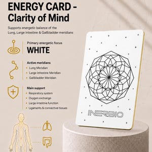 May include: A rectangular white energy card labeled INERBIO with a black geometric mandala design and small star icons. The card text reads WHITE ENERGY CARD - Clarity of Mind, listing support for Lung, Large Intestine, and Gallbladder meridians.