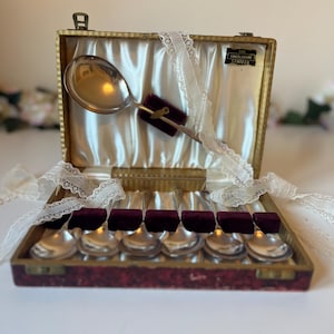 May include: A set of vintage silver spoons presented in a burgundy velvet-lined box. The set includes a serving spoon and several smaller spoons, all with shiny silver surfaces. The box is trimmed with gold and has a cream satin interior.