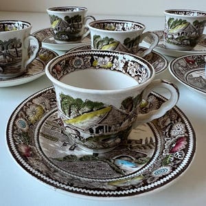 Op de afbeelding: Een set vintage kopjes en schotels. De kopjes en schotels hebben een bruin en wit transferware ontwerp met een pastorale scène. De randen van de kopjes en schotels zijn versierd met bloemmotieven. De set bevat meerdere kopjes en schotels.