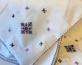 Antique Hand Embroidered Linen Dessert Napkins | Purple Cross Stitch | Set of 4