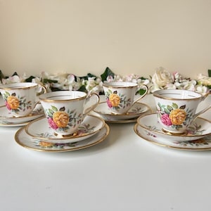 1 of 4 Vintage English Bone China Tea Trio Set | Floral Gilded Teacups & Saucers | Made in England Afternoon Tea Set