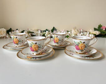 Zestaw filiżanek do herbaty Vintage English Bone China Trio z pozłacanymi kwiatami