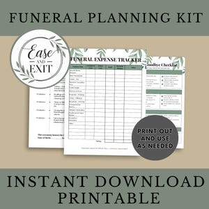 Puede incluir: Un kit de planificación funeraria con formularios imprimibles. El kit incluye un rastreador de gastos, una lista de verificación de despedida y una guía de planificación. El texto de la imagen dice "Kit de planificación funeraria" y "Descarga instantánea imprimible."
