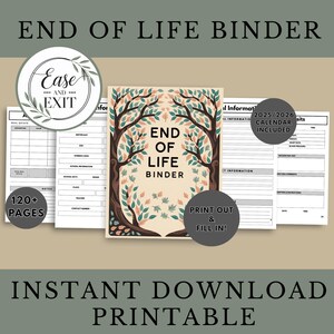 May include: Printable End of Life Binder with 120+ pages, featuring a cover with a stylised illustration of two trees with green and brown leaves. The text "End of Life Binder" is printed on the cover. The binder includes a 2025/2026 calendar.