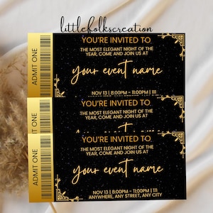 Bearbeitbares goldenes druckbares Surprise Event Ticket. Bearbeitbares Musiktheater Faux Event Eintritt Souvenir Andenken. PDF-Download
