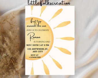 First Trip Around the Sun Birthday Invitation: Boho Sunshine (Printable Canva Template)