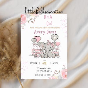 Editable Girl Elephant Birthday Invitation, Rose Hot Pink Baby Elephant Invite Gold Glitter a sweet little Girl Elephant 1st Birthday Party