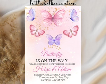 Inbjudan till babyshower med lila fjärilar: Mall för rosa blommor (digital nedladdning)