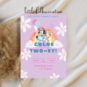 Editable Bluey TWO-ey 2nd birthday invitation rainbow party Canva template girl digital invite printable dog themed design