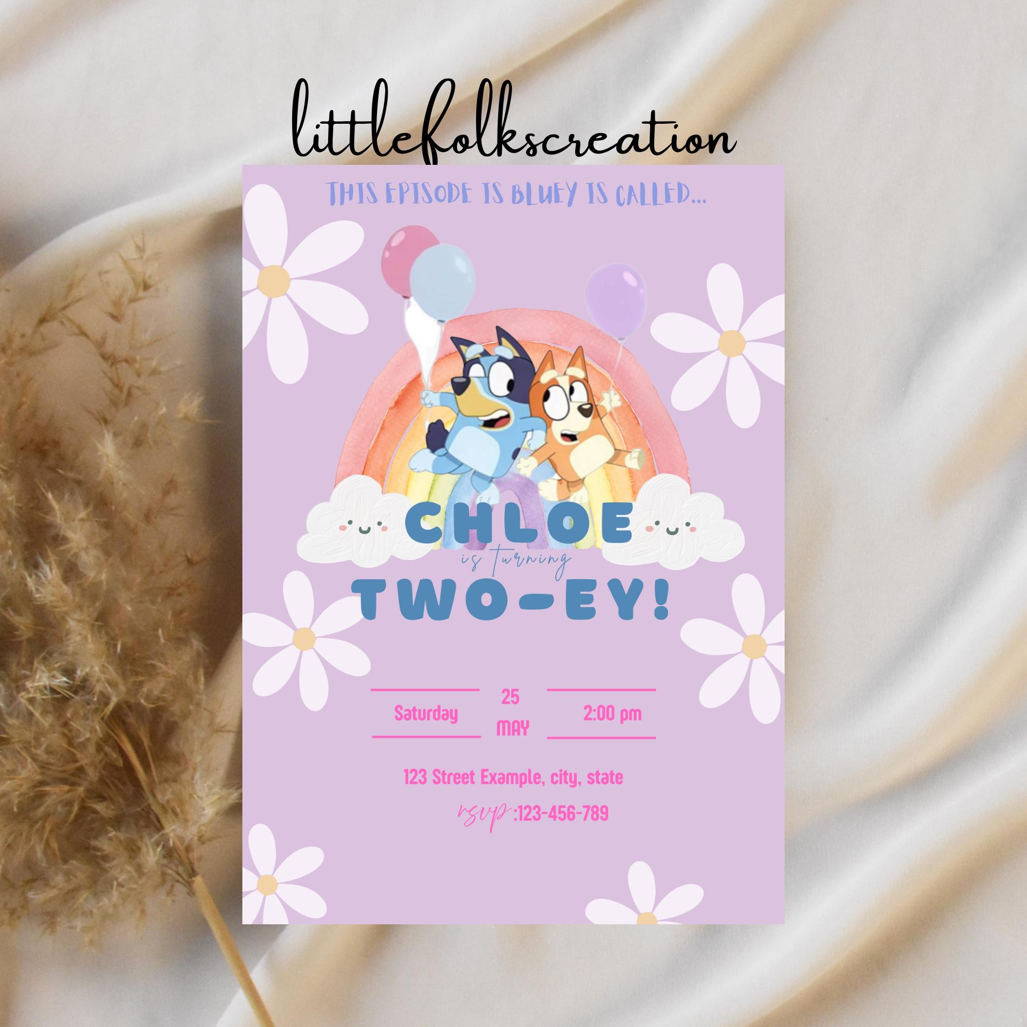 Editable Bluey TWO-ey 2nd birthday invitation rainbow party Canva template girl digital invite printable dog themed design