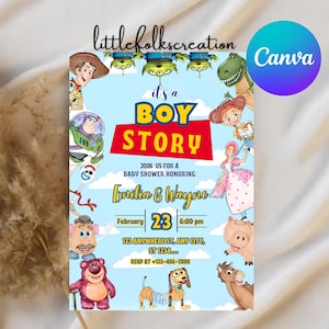 Może przedstawiać: Zaproszenie na baby shower z motywem Toy Story. Zaproszenie zawiera postacie z filmu oraz napis "It's a Boy Story". Zawiera imiona Emilia & Wayne, datę, godzinę i adres.