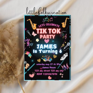 TikTok birthday invitation, tik tok invite, printable editable party invite template, blogger party, tik-tok music party