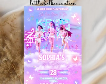 Invito di compleanno modificabile per cacciatori di demoni Kpop, invito per festa K-pop, biglietto digitale a tema BTS, decorazioni per feste di compleanno per i fan dei cacciatori di demoni