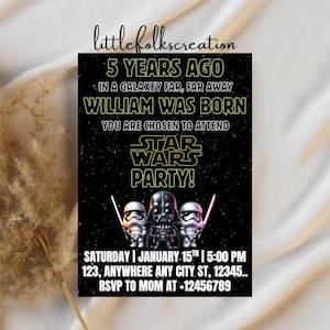 Modelo de convite de aniversário editável de Star Wars, convite para festa de aniversário para impressão, modelo digital de convite para festa infantil, cartão de aniversário de Star Wars
