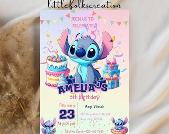 Plantilla de invitación de cumpleaños de Stitch editable, invitaciones de fiesta de cumpleaños imprimibles de Lilo, fiesta infantil para niños y niñas, descarga instantánea de Evite