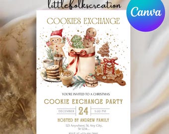 Pode incluir: Convite para uma festa de troca de biscoitos de Natal com bonecos de gengibre e biscoitos. O convite inclui o texto "COOKIES EXCHANGE" e detalhes do evento, como a data, hora e informações do anfitrião, em um fundo creme.