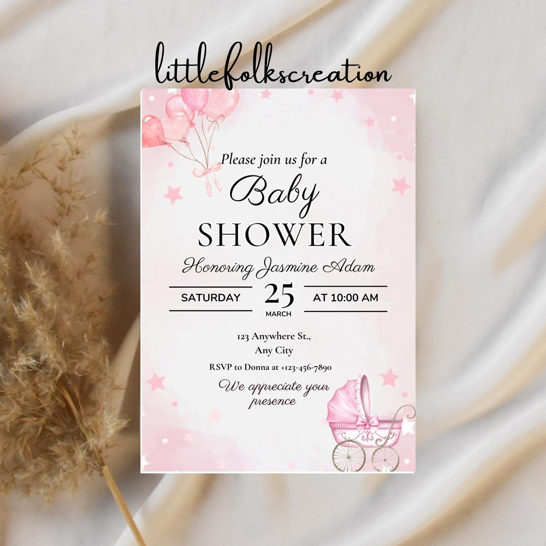 Editable Pink Balloon Baby Shower Invitation Template, Printable Baby ...