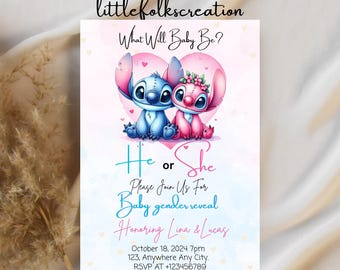 Stitch Gender Reveal Invitation: Pink & Blue Baby Shower (Canva Template)
