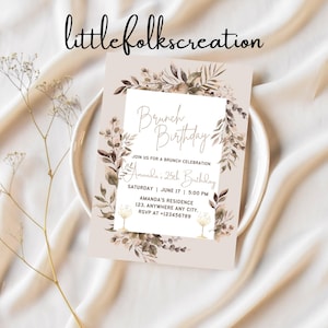 Invito per brunch di compleanno modificabile, invito per brunch, floreale, erba della pampa, boho, mimosa, invito stampabile o di testo