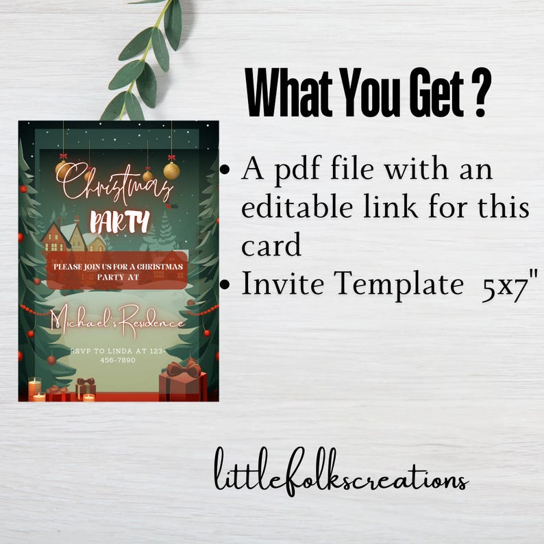 Editable Christmas Party Invitation, Green Holiday Party Invitation