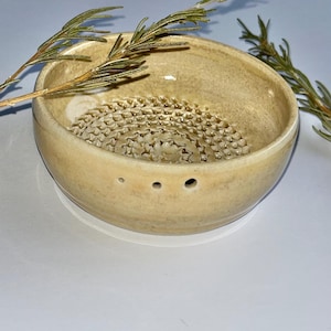 May include: A round, beige ceramic grater bowl with a textured, spiked center for grating and three small circular holes along the side rim. The bowl is accompanied by two sprigs of fresh green rosemary resting across the top edges.