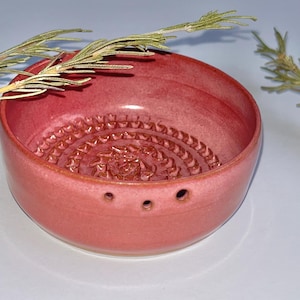 May include: A round, pink ceramic grater bowl featuring a textured, raised spiral pattern on the interior base for grating. The exterior wall includes three small, evenly spaced circular holes near the rim, accompanied by sprigs of rosemary.