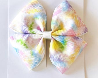 Tie-Dye Hair Bow: 4 Inch Grosgrain Ribbon, Alligator Clip or Headband