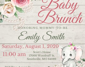 Baby Brunch Einladungsvorlage - Mädchen-Babyparty - Thema Baby Elefant & Perlen (quadratisch - Größe 4,75x4,75 - kann bearbeitet werden)