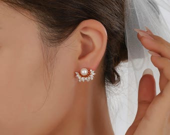 Freshwater Pearl Marquise CZ Fan Stud Earrings, Gold Plated 925 Sterling Silver, Bridal Earrings
