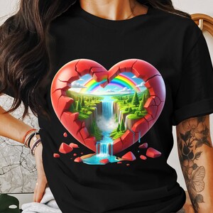 Cena da natureza em forma de coração PNG digital para camisetas, canecas, coração, cachoeira, arco-íris, arte para impressão, download instantâneo, decoração para casa