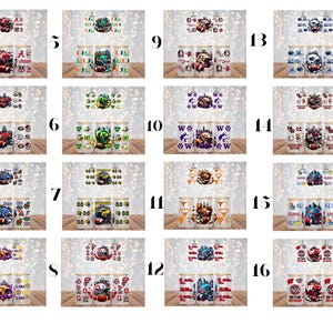 May include: A collection of sixteen glass tumblers with bamboo lids, each decorated with college football team logos and colors. The designs include team names, mascots, and football imagery. The tumblers are arranged in sets of three.