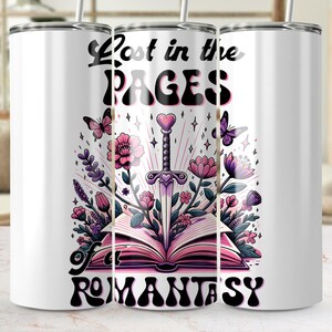 Lost in the Pages Tumbler Wrap, Romantik Buch Design, 20 Unzen Tumbler Digital Wrap, Schmetterling und Sword Art, Geschenk für Buchliebhaber