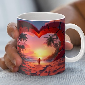 Caneca romântica com pôr do sol, caneca de café com vista em formato de coração, arte de praia tropical, caneca com silhueta de casal, presente perfeito para amantes, 11 onças e 15 onças