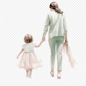 Madre e hija tomadas de la mano caminando png Madre e hija caminando Clipart Arte familiar Diario Álbum de recortes Suministro Descarga digital