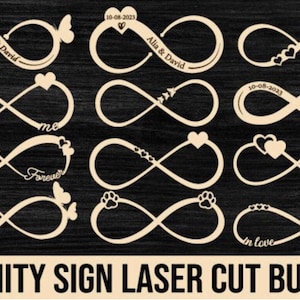 Puede incluir: Un conjunto de letreros de infinito cortados con láser en color beige claro, con varios diseños como corazones, mariposas y huellas de patas. Algunos letreros incluyen nombres y fechas. El texto "INFINITY SIGN LASER CUT BUNDLE" está en la parte inferior.