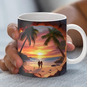 Kunst koppel tropisch strand zonsondergang, serene mokomslag aan de kust, romantische mok met zeezicht, perfect cadeau voor strandliefhebbers
