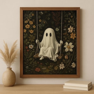 Whimsical Ghost on a Swing – Vintage Floral Art Print