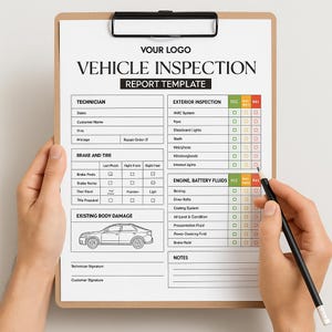 May include: A vehicle inspection report template on a clipboard. The document includes sections for technician details, brake and tyre information, and exterior inspection. A hand holds a pencil, ready to fill out the form. The document has the text "VEHICLE INSPECTION REPORT TEMPLATE".