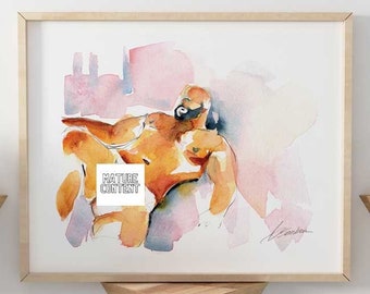 erotic bedroom prints gay queer art | large watercolour paintings | gift for gay friend | lgbt pride home decor | Watercolor Art