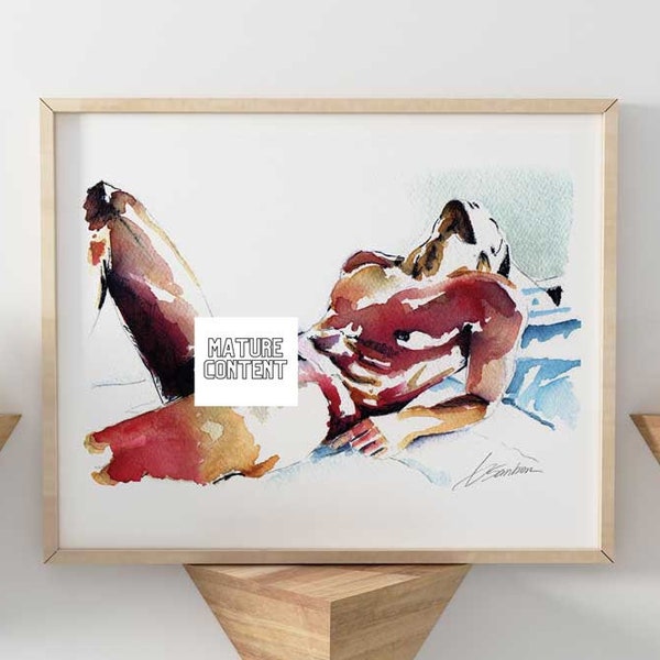 Entspannender männlicher Kunstdruck Aquarell | Männliche Figur Kunst | Menschlicher Körper Kunst | Ungerahmt Kunstdruck | Impressionistischer Kunstdruck | Gay Kunstdruck