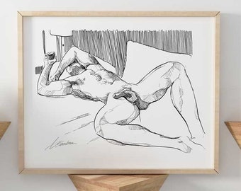 black and white homo painting | creative couple gifts | homoerotic man | erotic drawing | queer art gift | male nude | gay artwork