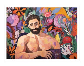 Vibrant Gay Pride Wall Art - Colorful LGBTQ+ Canvas Print, Bearded Man with Flowers, Inclusive Home Decor, Queer Artist Creation