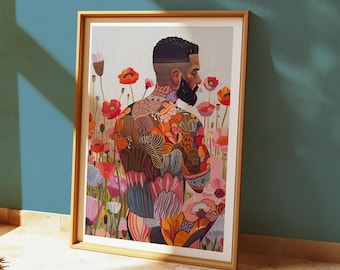 tattooed bearded art print, floral male gay art painting, queer lgbtq wall decor poster, muscular body blossoms canvas, modern figure print